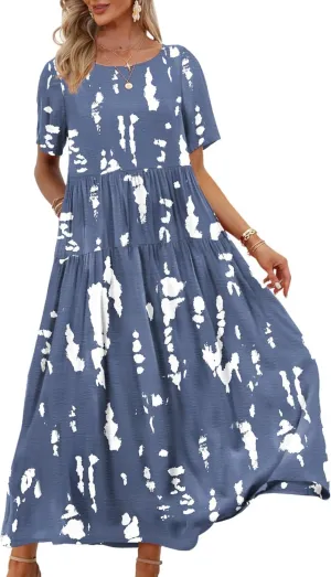 YESNO Women Casual Loose Bohemian Floral Dress with Pockets Short Sleeve Long Maxi Summer Beach Swing Dress EJF
