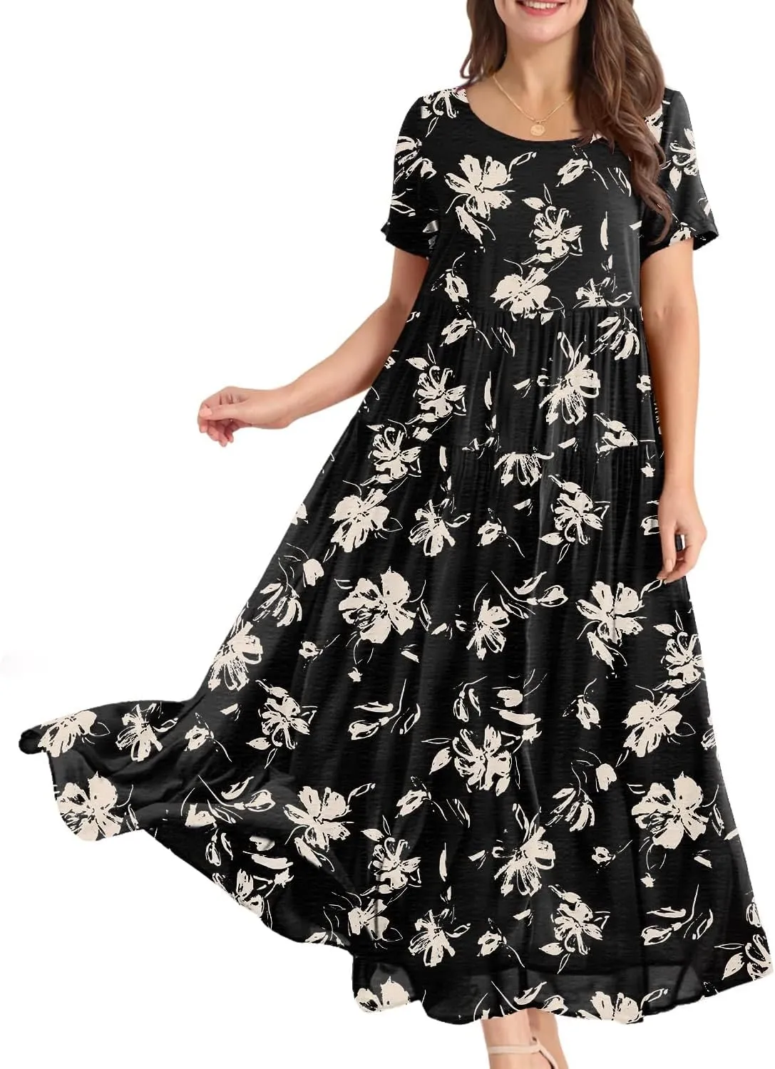 YESNO Women Casual Loose Bohemian Floral Dress with Pockets Short Sleeve Long Maxi Summer Beach Swing Dress EJF