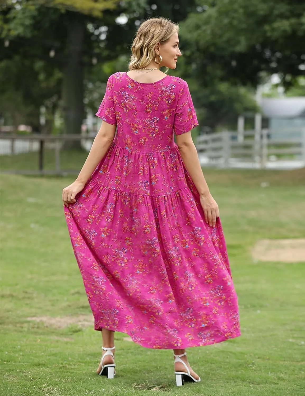 YESNO Women Casual Loose Bohemian Floral Dress with Pockets Short Sleeve Long Maxi Summer Beach Swing Dress EJF