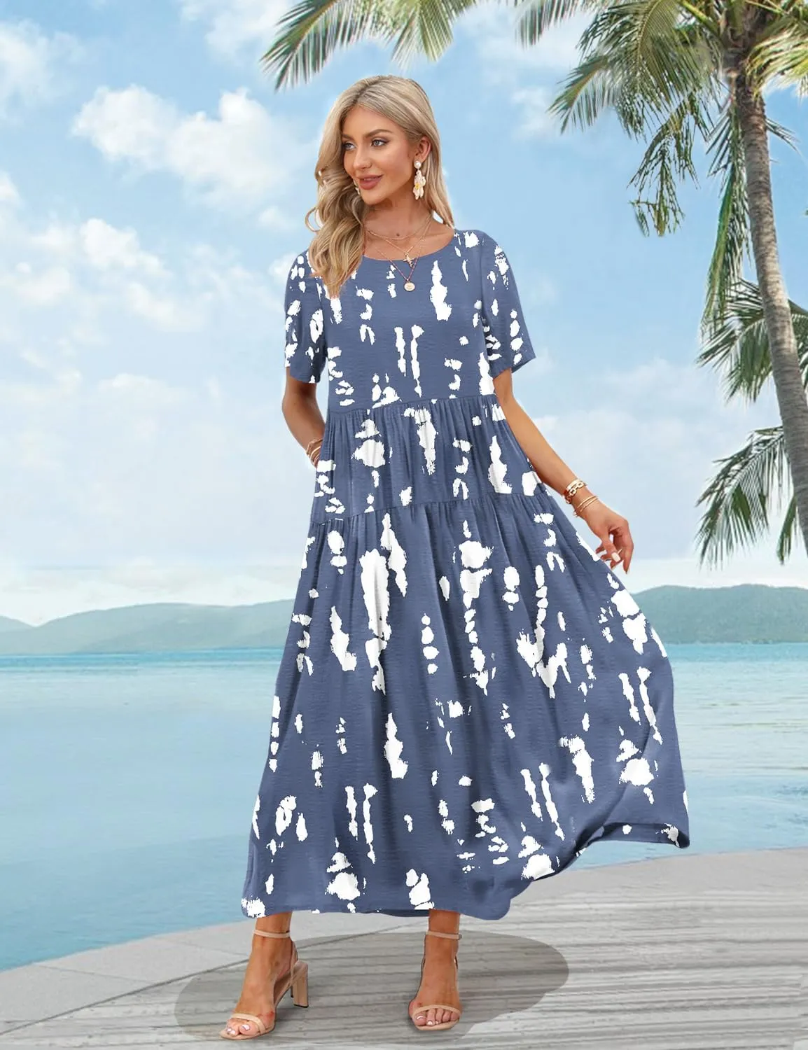 YESNO Women Casual Loose Bohemian Floral Dress with Pockets Short Sleeve Long Maxi Summer Beach Swing Dress EJF
