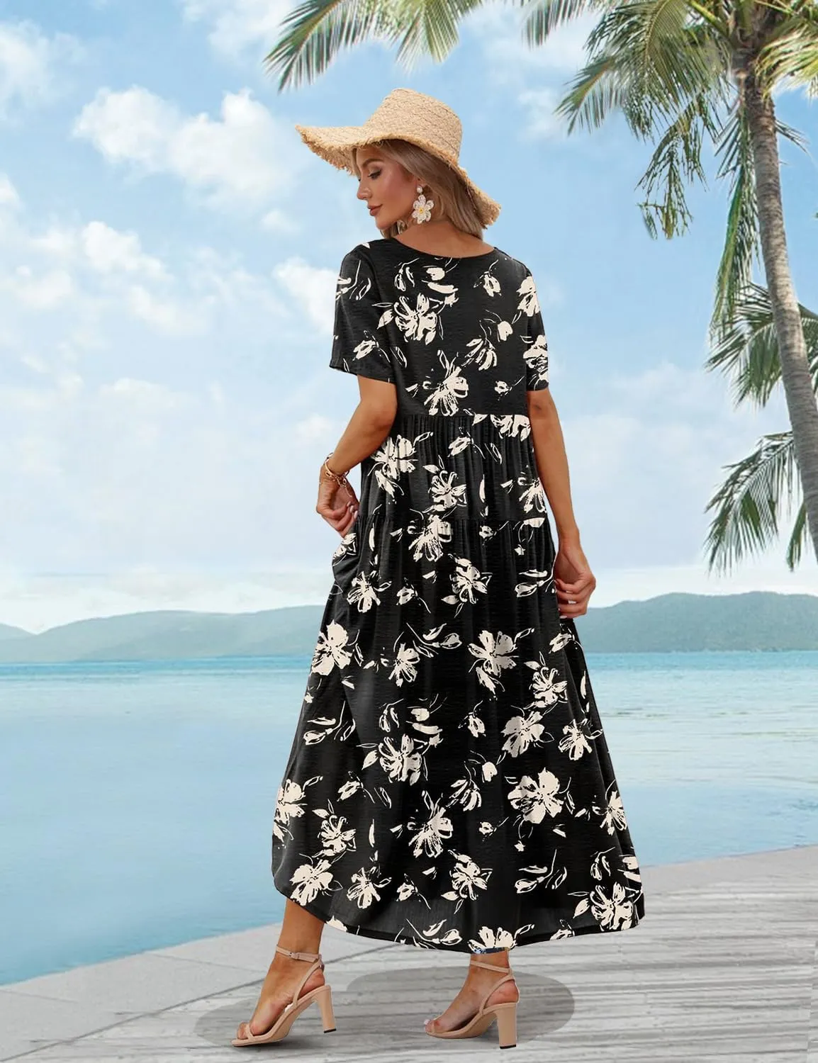 YESNO Women Casual Loose Bohemian Floral Dress with Pockets Short Sleeve Long Maxi Summer Beach Swing Dress EJF