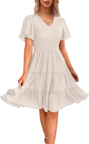 Zattcas Women 2025 Sping Summer Dress V Neck Smocked Waist Casual Flowy A Line Tiered Work Midi Dresses