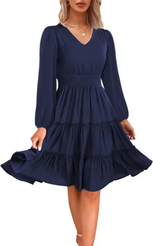 Zattcas Women 2025 Sping Summer Dress V Neck Smocked Waist Casual Flowy A Line Tiered Work Midi Dresses