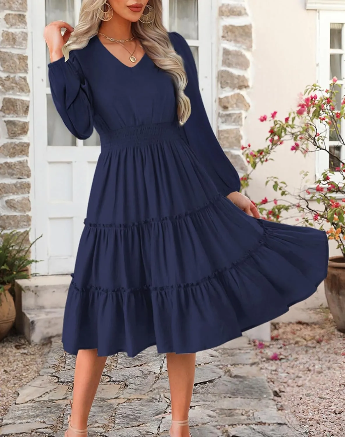 Zattcas Women 2025 Sping Summer Dress V Neck Smocked Waist Casual Flowy A Line Tiered Work Midi Dresses
