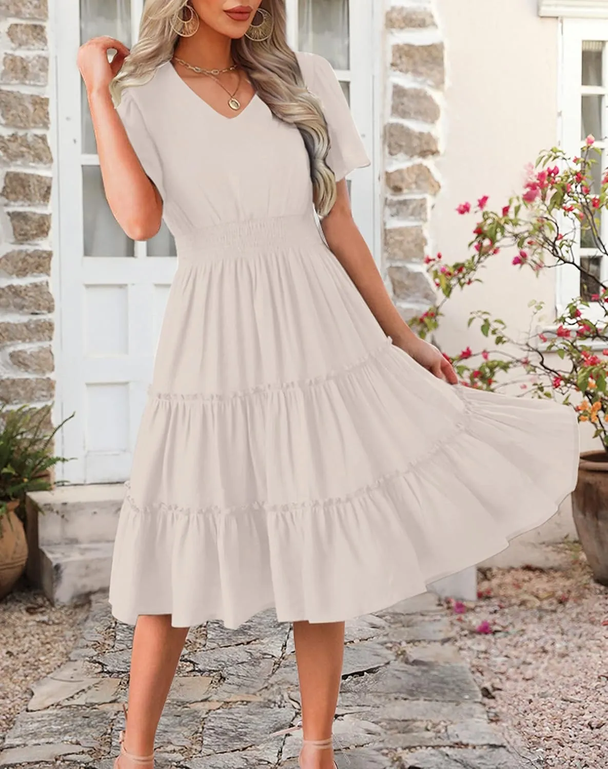 Zattcas Women 2025 Sping Summer Dress V Neck Smocked Waist Casual Flowy A Line Tiered Work Midi Dresses