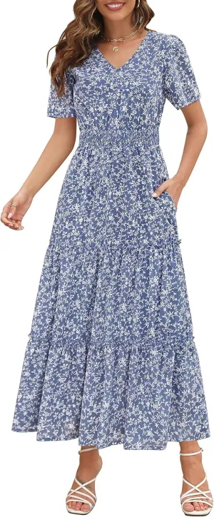 Zattcas Womens 2025 Long Summer Dress Short Flutter Sleeve V Neck Casual Smocked Tiered Modest Floral Boho Maxi Dress