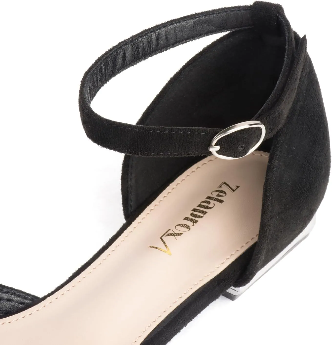 Zelaprox Women's Black Pointed Toe Flats Rhinestone Bow Ankle Strap Ballet Flats Comfortable Slip On Flats Light Weight Suede Dress Shoes