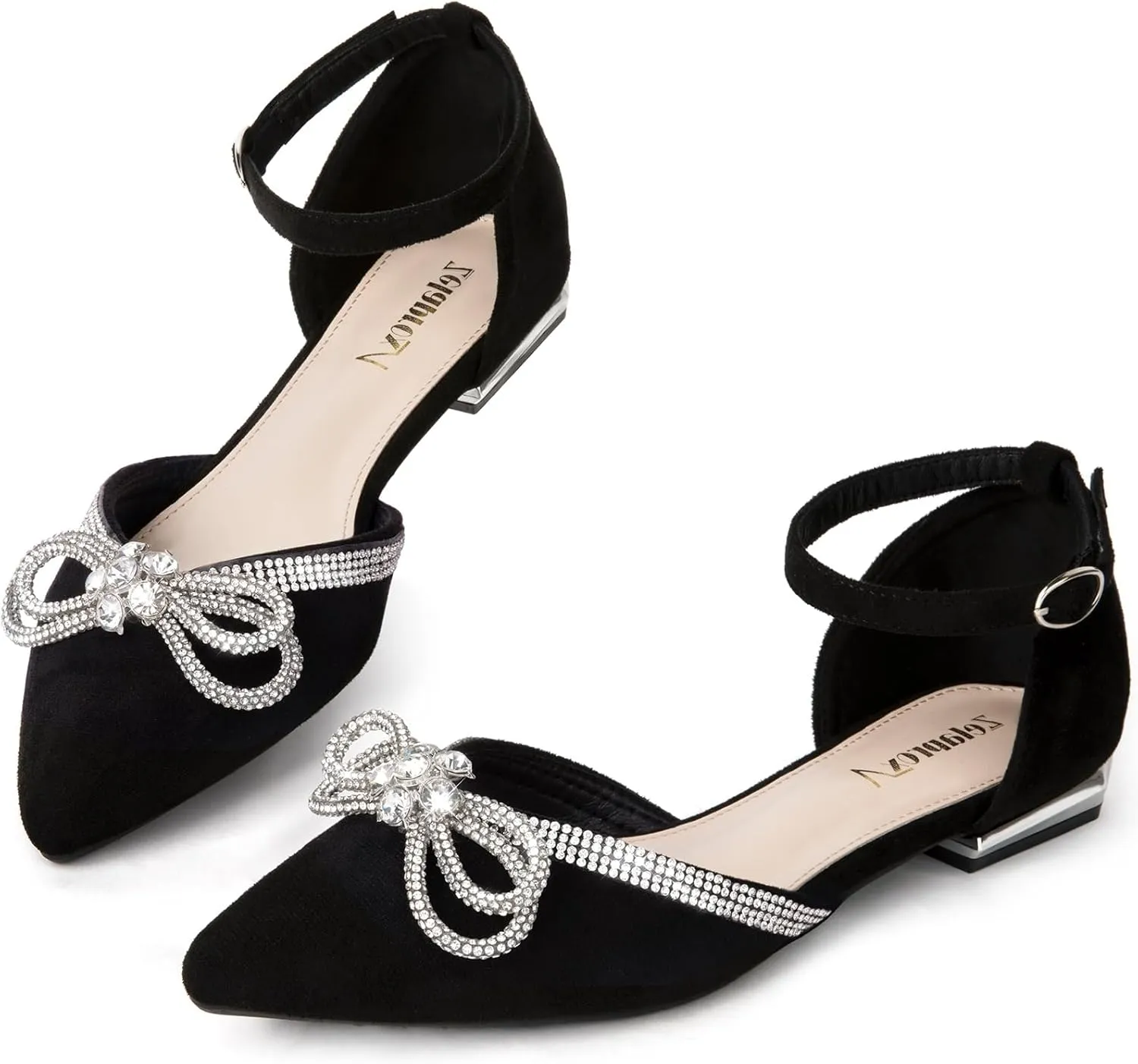 Zelaprox Women's Black Pointed Toe Flats Rhinestone Bow Ankle Strap Ballet Flats Comfortable Slip On Flats Light Weight Suede Dress Shoes