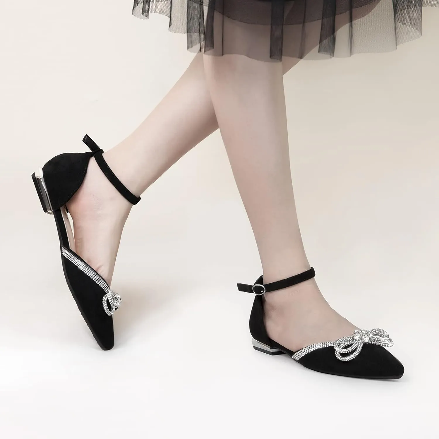 Zelaprox Women's Black Pointed Toe Flats Rhinestone Bow Ankle Strap Ballet Flats Comfortable Slip On Flats Light Weight Suede Dress Shoes