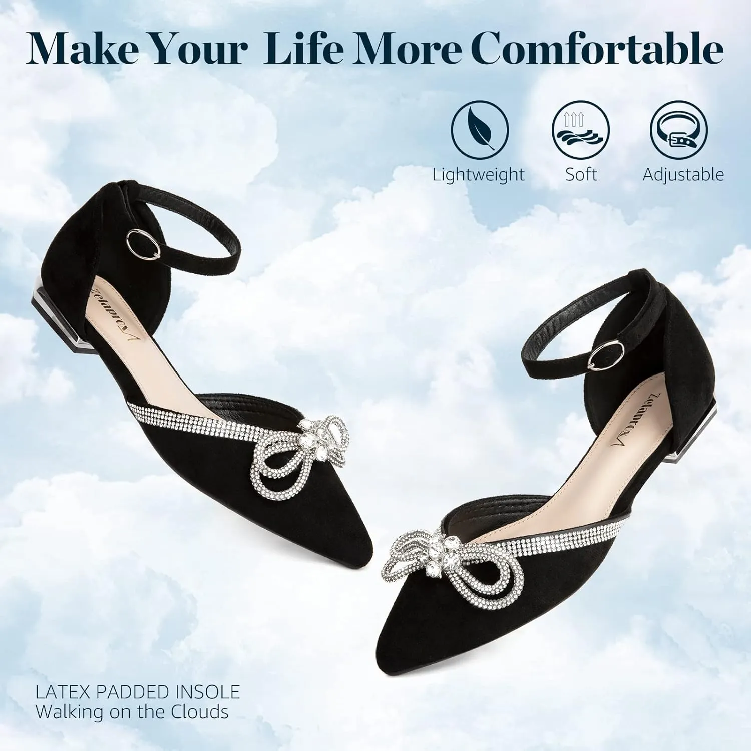 Zelaprox Women's Black Pointed Toe Flats Rhinestone Bow Ankle Strap Ballet Flats Comfortable Slip On Flats Light Weight Suede Dress Shoes
