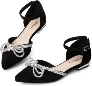 Zelaprox Women's Black Pointed Toe Flats Rhinestone Bow Ankle Strap Ballet Flats Comfortable Slip On Flats Light Weight Suede Dress Shoes
