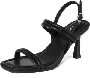 ZURIN Womens Strappy Kitten Heels Sandals Square Open Toe Heeled Sandals Ankle Strap Slingback High Heels Dress Party Evening Prom Shoes