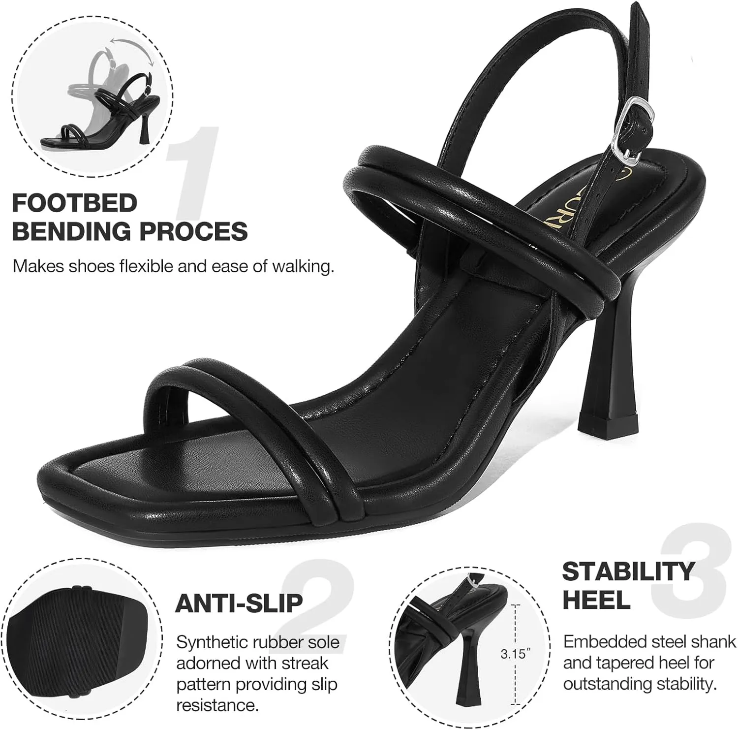 ZURIN Womens Strappy Kitten Heels Sandals Square Open Toe Heeled Sandals Ankle Strap Slingback High Heels Dress Party Evening Prom Shoes